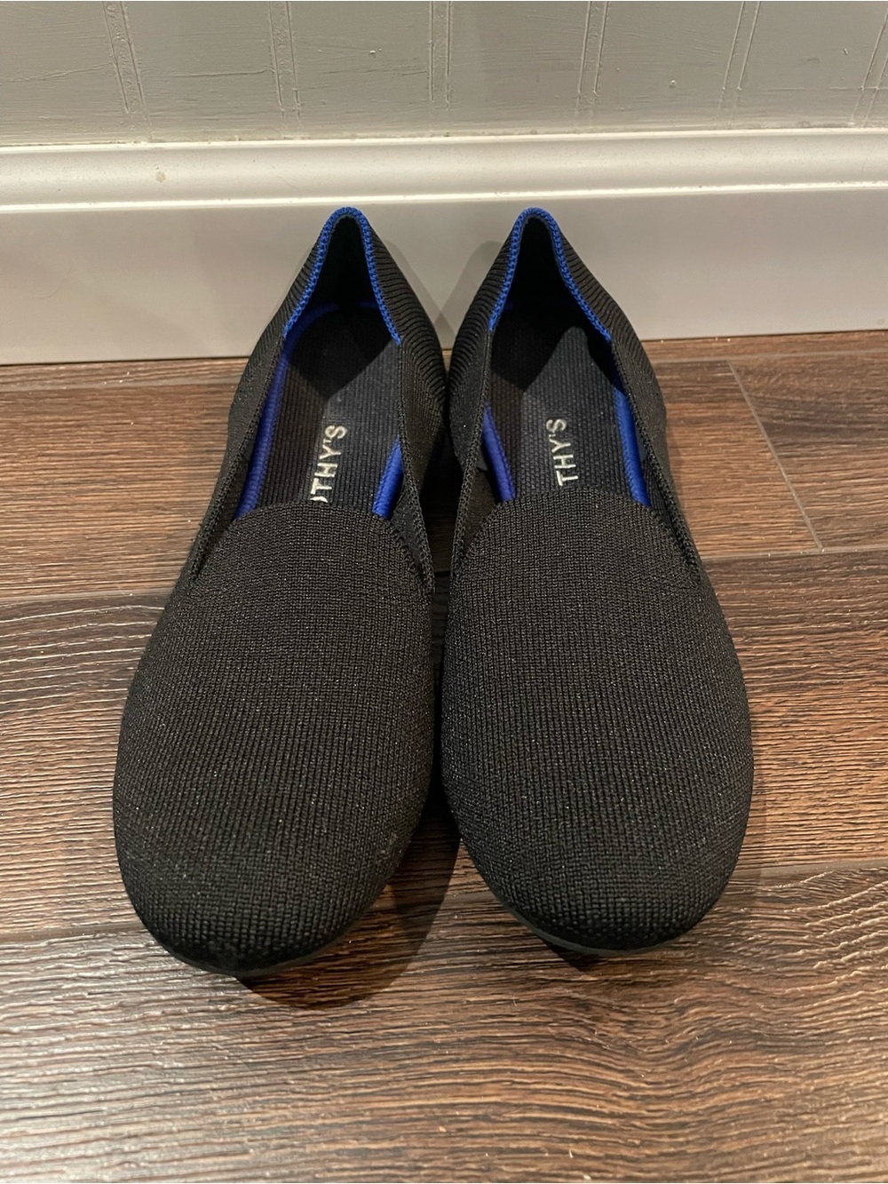 Rothy's The Loafer Round Toe Slip On Ballet Flats Comfy Black with Blue Trim 8